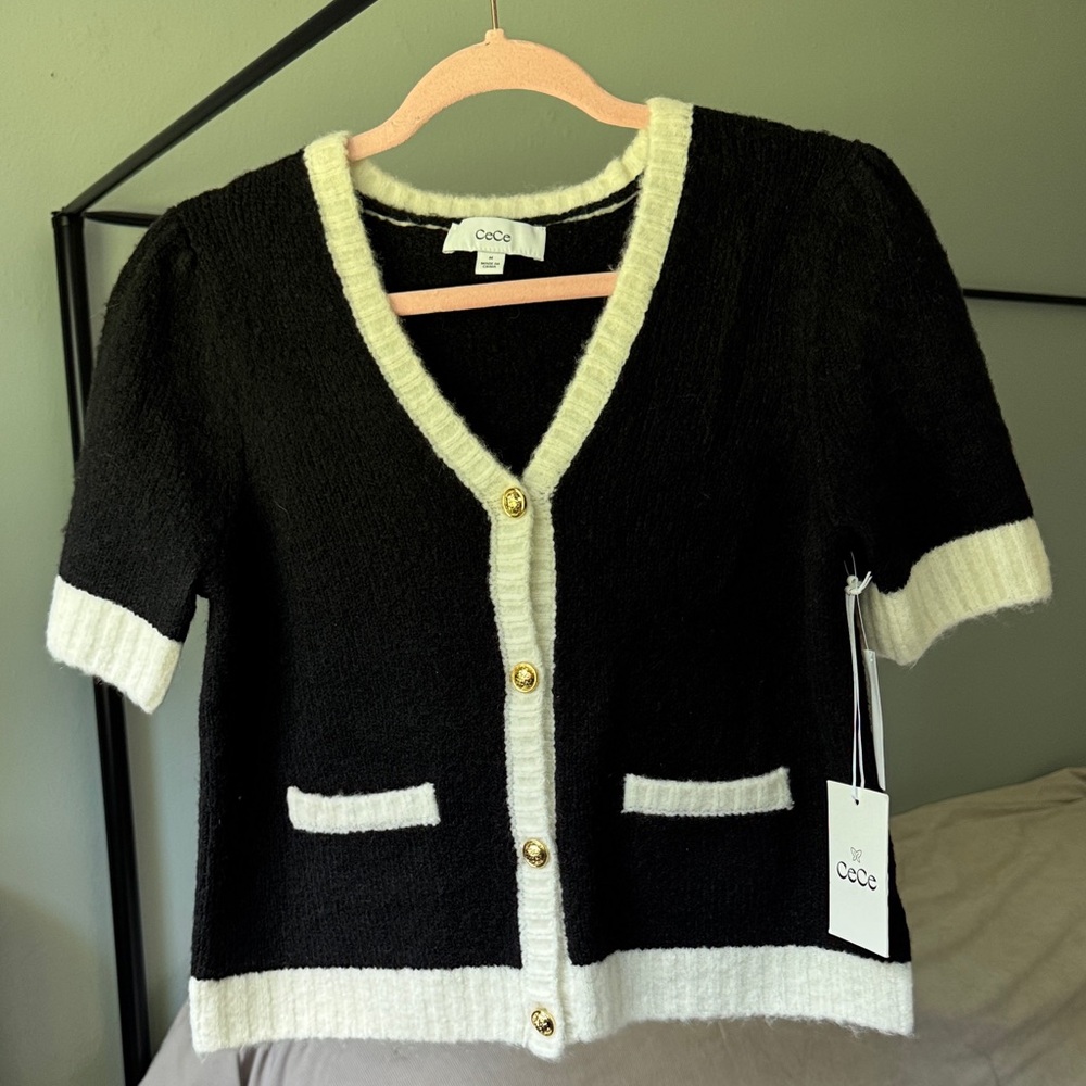 CeCe Black Cardigan with Cream Trim and Gold Buttons